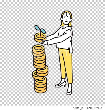 一個年輕女子堆積已發芽的硬幣的簡單插圖 120097934