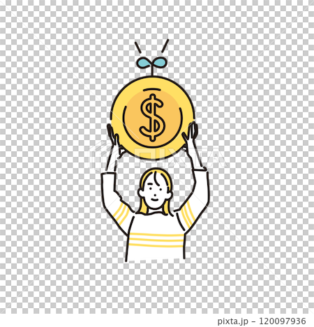 Simple illustration: A young woman holding up a sprouting coin 120097936
