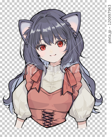 A bust-up illustration of a smiling black-haired woman with cat ears wearing Lolita clothing 120097963