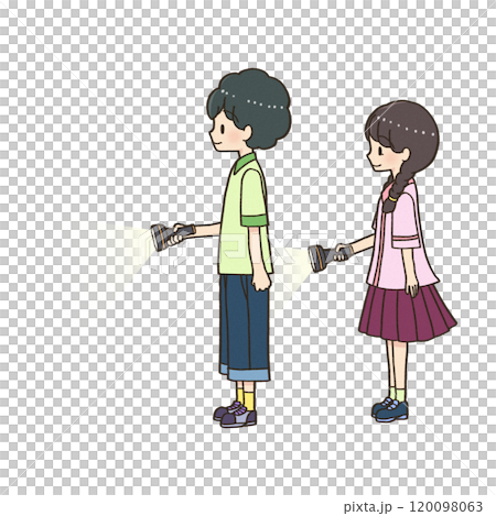 Boy and girl standing with flashlights in their hands Boy and girl standing with flashlights in their hands 120098063