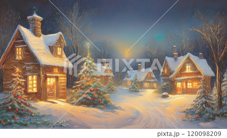 雪が積もった冬の家　クリスマスシーズンの田舎の町並み 120098209