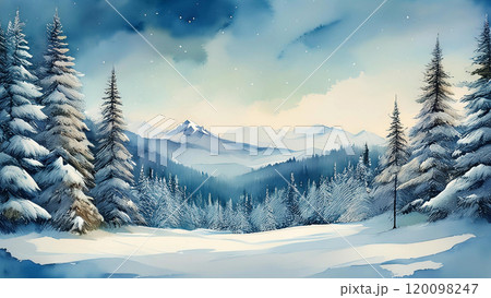 深い雪に覆われた静かな針葉樹林から見える山々の風景 水彩画の