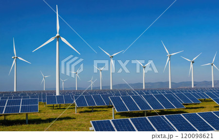 Wind turbines and solar panels generate clean energy in a field on a clear day Wind turbines and solar panels generate clean energy in a field on a clear day 120098621