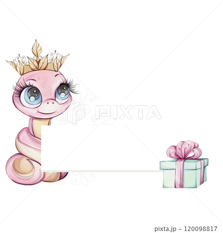 Pink snake girl princess with crown and green gift box, pink bow. Watercolor frame, border with Symbol of Chines New Year 2025 in cute cartoon style for souvenirs, printing, packaging Pink snake girl princess with crown and green gift box, pink bow. Watercolor frame, border with Symbol of Chines New Year 2025 in cute cartoon style for souvenirs, printing, packaging 120098817
