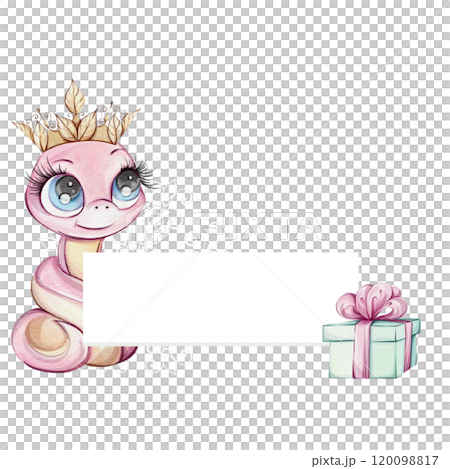 Pink snake girl princess with crown and green gift box, pink bow. Watercolor frame, border with Symbol of Chines New Year 2025 in cute cartoon style for souvenirs, printing, packaging Pink snake girl princess with crown and green gift box, pink bow. Watercolor frame, border with Symbol of Chines New Year 2025 in cute cartoon style for souvenirs, printing, packaging 120098817