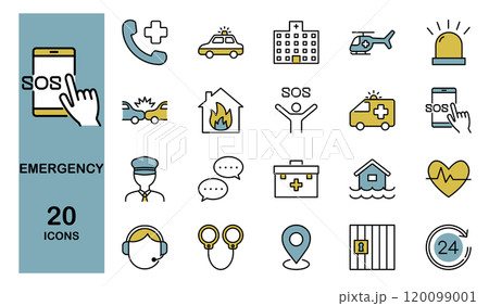 緊急事態　事故　事件　災害などに関するアイコンセット　カラー　　 120099001