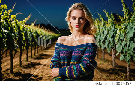A woman stands in a vineyard at night, wearing a colorful sweater 120099357