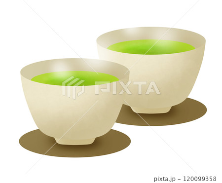 湯飲みに入ったほかほか緑茶のセットのイラスト 120099358