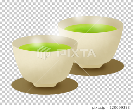 湯飲みに入ったほかほか緑茶のセットのイラスト 120099358