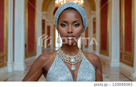 A woman in a blue headscarf and a sequined gown stands in a grand hall with marble floors 120099365