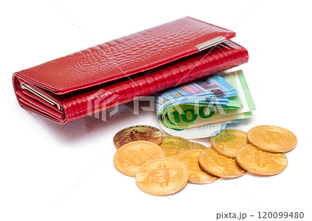 Red Leather Women Purse with Different Euro Banknotes and Bitcoin Coins 120099480