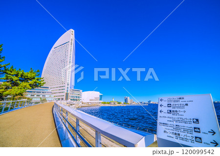日本の横浜都市景観 女神橋からパシフィコ横浜やぷかりさん橋、臨港パーク（中央奥の緑）などを望む＝7日 120099542