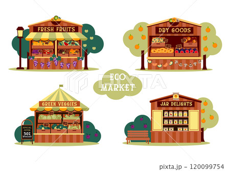 Local Eco Market Stand Set with Fruits, Vegetables, and Organic Preserves, vector illustration in a flat style Local Eco Market Stand Set with Fruits, Vegetables, and Organic Preserves, vector illustration in a flat style 120099754