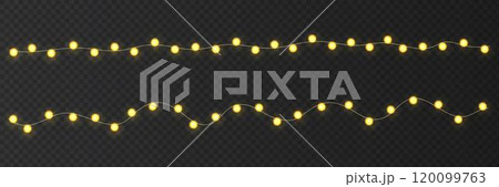 Festive Christmas light  glowing garland string on dark background. 120099763