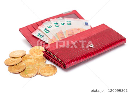 Opened Red Women Purse with 10 Euro Banknotes Inside and Bitcoin Coins - Isolated on White 120099861