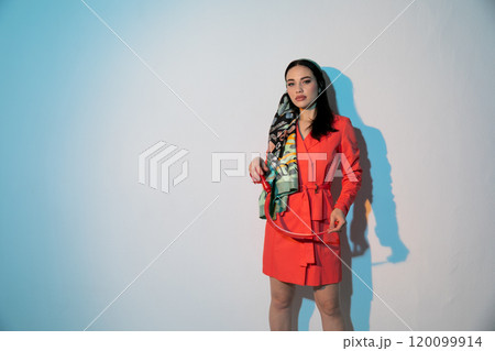 Portrait of a beautiful slender fashionable young brunette woman Portrait of a beautiful slender fashionable young brunette woman 120099914