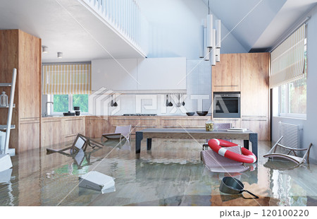 A flooded modern kitchen with water covering the floor 120100220