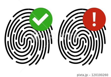 Fingerprint icon and tick. Verification passed. Fingerprints do not match. Digital security authentication. ID application icon. Security system. Information security. 120100260