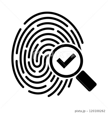 Fingerprint icon and magnifying glass with a tick mark. Verification passed. Digital security authentication. ID application icon. Security system. Information security. 120100262