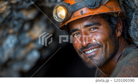Miner Emerging from Mine after a Long Day of Work Generative AI 120100390