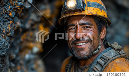 Miner Emerging from Mine after a Long Day of Work Generative AI 120100391