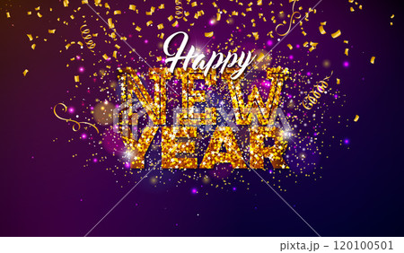 2025 Happy New Year Illustration with Gold Glittered Typography Lettering and Falling Confetti on Shiny Background. Christmas Holiday Design for Flyer, Greeting Card, Banner, Celebration Poster, Party 120100501