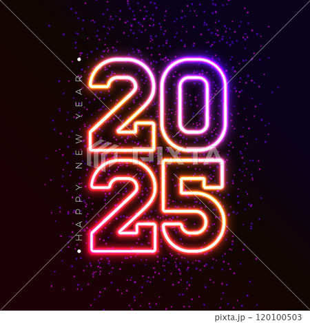 Happy New Year 2025 Illustration with Glowing Neon Light Number on Dark Background. Vector Christmas Holiday Season Design for Flyer, Greeting Card, Banner, Celebration Poster, Party Invitation 120100503