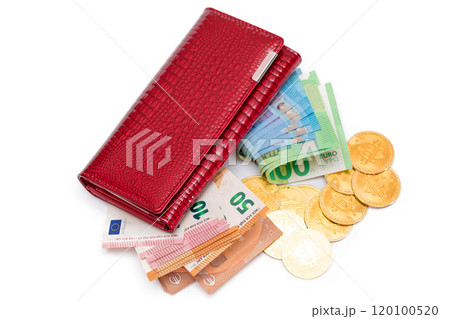 Red Leather Women Purse with Different Euro Banknotes and Bitcoin Coins 120100520