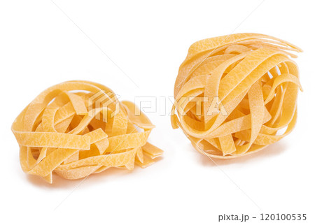 Two Classic Italian Raw Egg Fettuccine - Isolated on White Background 120100535