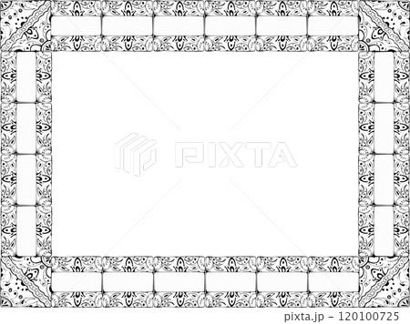Mexican Arabic Mediterranean Moroccan mosaic motif, azulejo wall floor glazed tile ornament. Isolated card border frame. Hand drawn ink vector illustration. Design brochure, home decor architecture 120100725