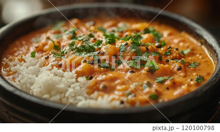 Traditional Indian Fish Curry with Rice, Close-up Generative AI 120100798