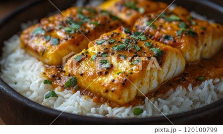 Traditional Indian Fish Curry with Rice, Close-up Generative AI 120100799