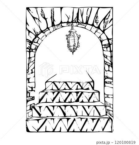 Patio garden arch opening portal with geometric azulejo wall tiles and stairs steps, hanging cast iron lantern. Hand drawn ink vector illustration. Isolated single element for travel, home yard decor 120100819