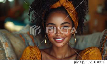 Young African Woman with Vitiligo Relaxing at Home Generative AI 120100964
