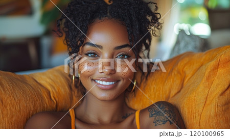 Young African Woman with Vitiligo Relaxing at Home Generative AI 120100965