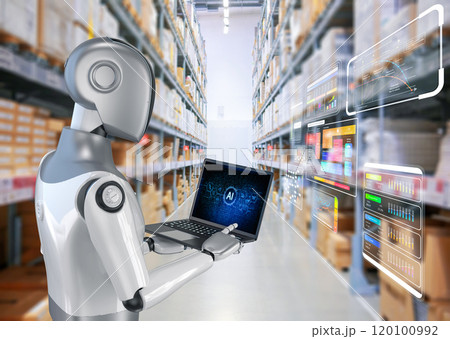 Automation warehouse with cyborg work in warehouse 120100992