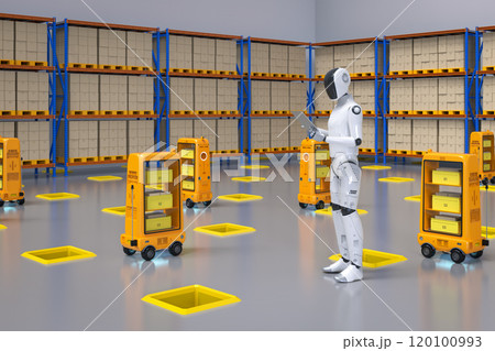 Automation warehouse with cyborg work in warehouse Automation warehouse with cyborg work in warehouse 120100993