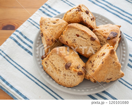 皿に盛ったチョコナッツスコーン 皿に盛ったチョコナッツスコーン 120101080