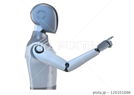 Humanoid robot with black face finger point isolated on white 120101096