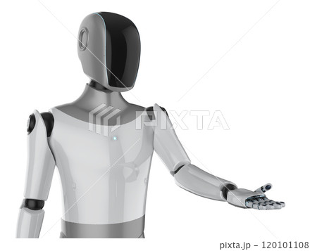Humanoid robot with black face hand extend isolated on white Humanoid robot with black face hand extend isolated on white 120101108