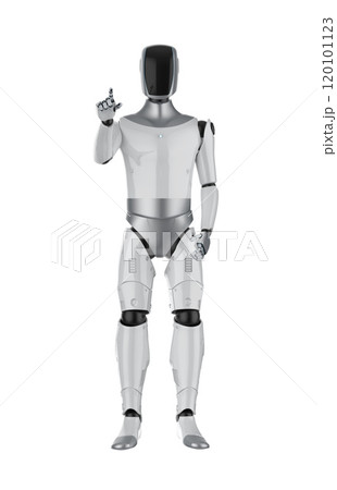 Humanoid robot with black face finger point isolated on white 120101123