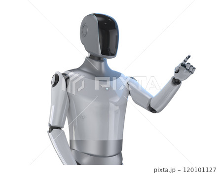 Humanoid robot with black face finger point isolated on white 120101127