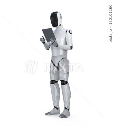 Humanoid robot with digital tablet isolated on white 120101160