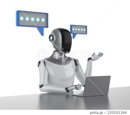 Humanoid robot with speech bubble isolated on white Humanoid robot with speech bubble isolated on white 120101164
