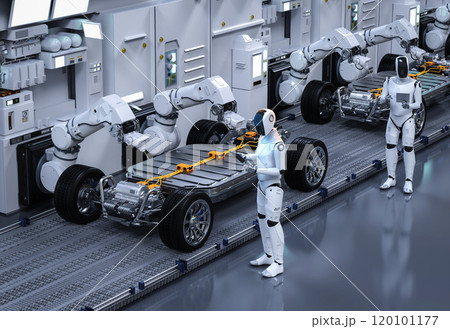Robot assembly line manufacture ev car controlled by humanoid cyborg Robot assembly line manufacture ev car controlled by humanoid cyborg 120101177