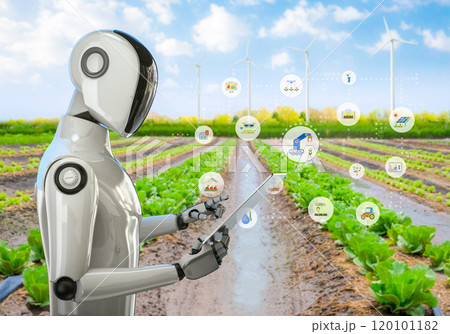 Agriculture technology concept with humanoid robot assistant with graphic display Agriculture technology concept with humanoid robot assistant with graphic display 120101182