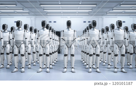 Humanoid robot assembly or group of cyborgs in factory Humanoid robot assembly or group of cyborgs in factory 120101187