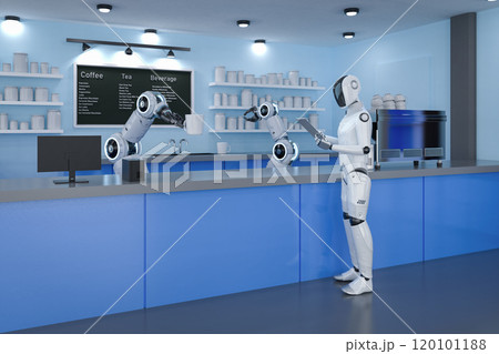 Automation cafe or coffee shop with robotic barista serve cup of coffee Automation cafe or coffee shop with robotic barista serve cup of coffee 120101188