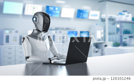 Humanoid robot in white futuristic laboratory 120101246