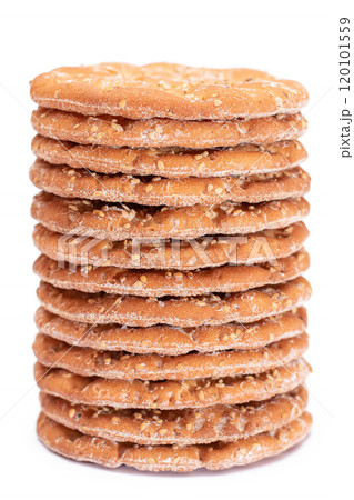 A Stack of Round Salt Crackers with Sesame Isolated on White Background A Stack of Round Salt Crackers with Sesame Isolated on White Background 120101559